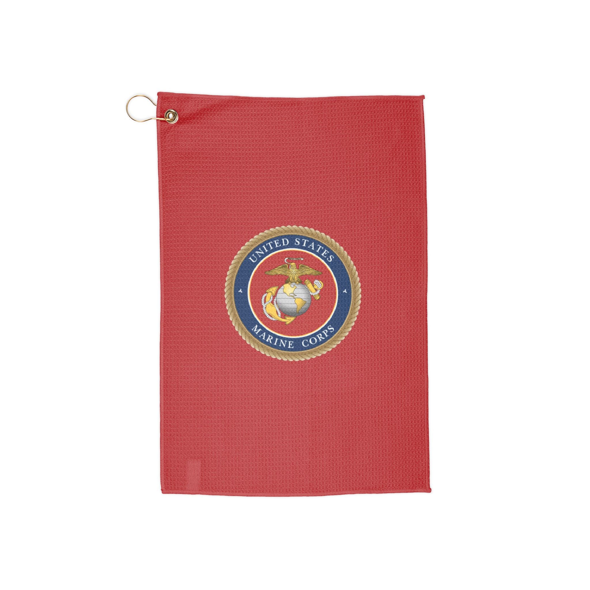 US Marine Corps Emblem Golf Towel — Red Waffle Weave with Grommet